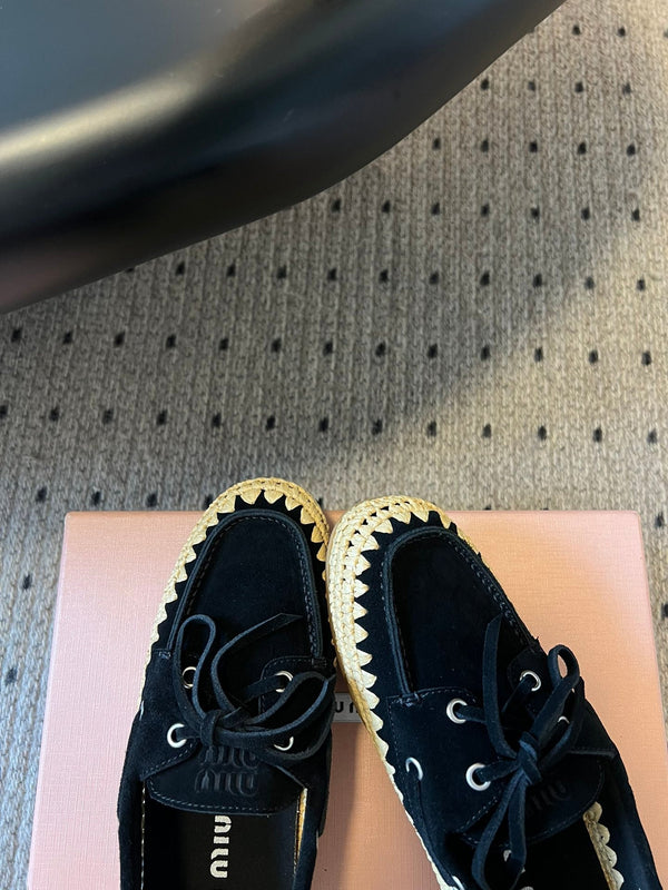 Miu Miu 26ss Loafer Black in Suede With Raffia Straw 614556