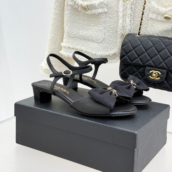 Chanel 26C Chain Bow Chunky Heel Sandals Black in Cowhide 615992