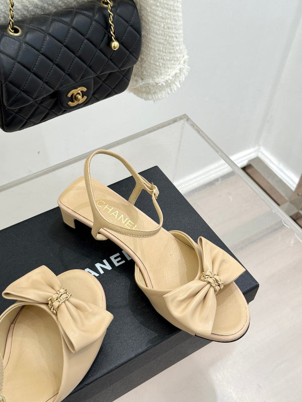 Chanel 26C Chain Bow Chunky Heel Sandals Beige in Cowhide 615991