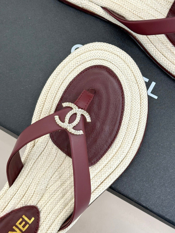 Chanel 26C Hemp Rope Sole Double C Flip-Flops Burgundy in Sheepskin 615958