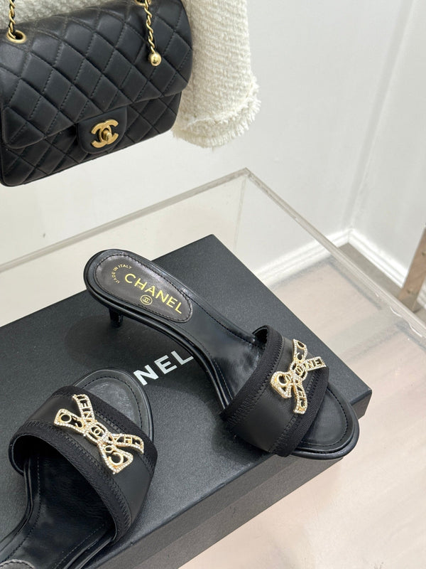 Chanel Classic Rhinestone Double C Bow Kitten Heel Slippers Black in Leather 615820
