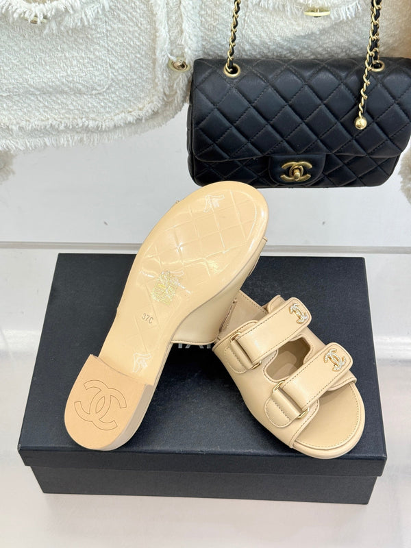 Chanel 26C Double C Backpack Buckle Velcro Slippers Beige in Lambskin 615794