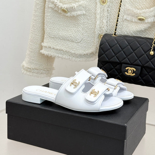 Chanel 26C Double C Backpack Buckle Velcro Slippers White in Lambskin 615792