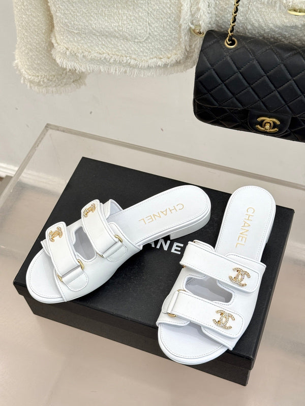 Chanel 26C Double C Backpack Buckle Velcro Slippers White in Lambskin 615792