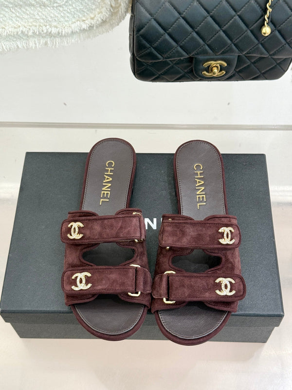 Chanel 26C Double C Backpack Buckle Velcro Slippers Burgundy in Suede 615790
