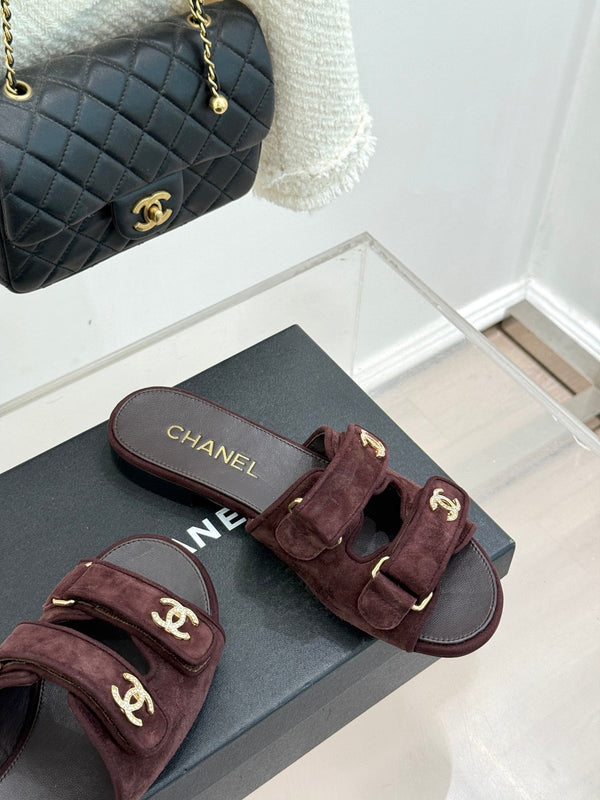Chanel 26C Double C Backpack Buckle Velcro Slippers Burgundy in Suede 615790