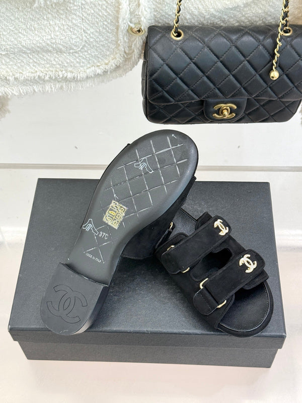 Chanel 26C Double C Backpack Buckle Velcro Slippers Black in Suede 615789