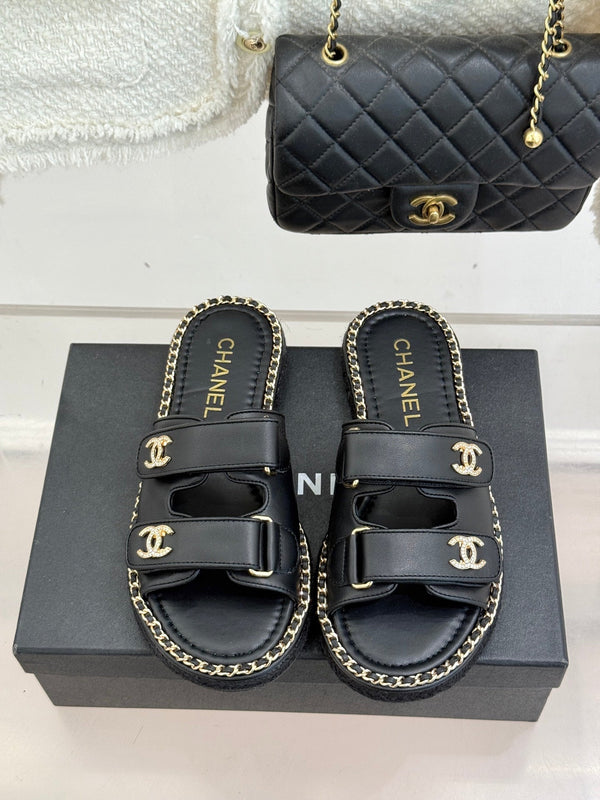 Chanel 26C Chain Double C Buckle Slippers Black Cowhide 615788