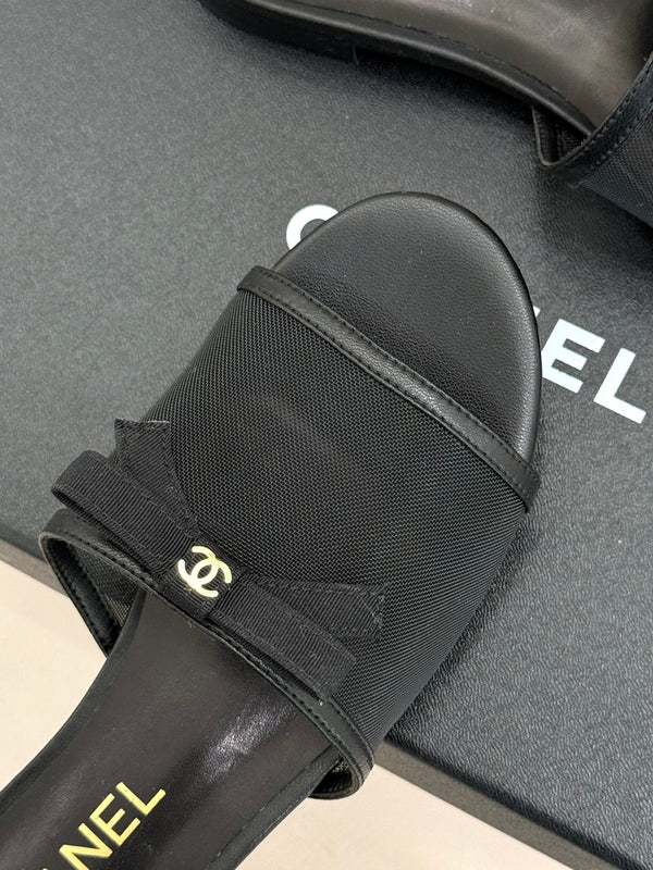 Chanel  26C Double C Bow Slippers Black in Mesh 615711