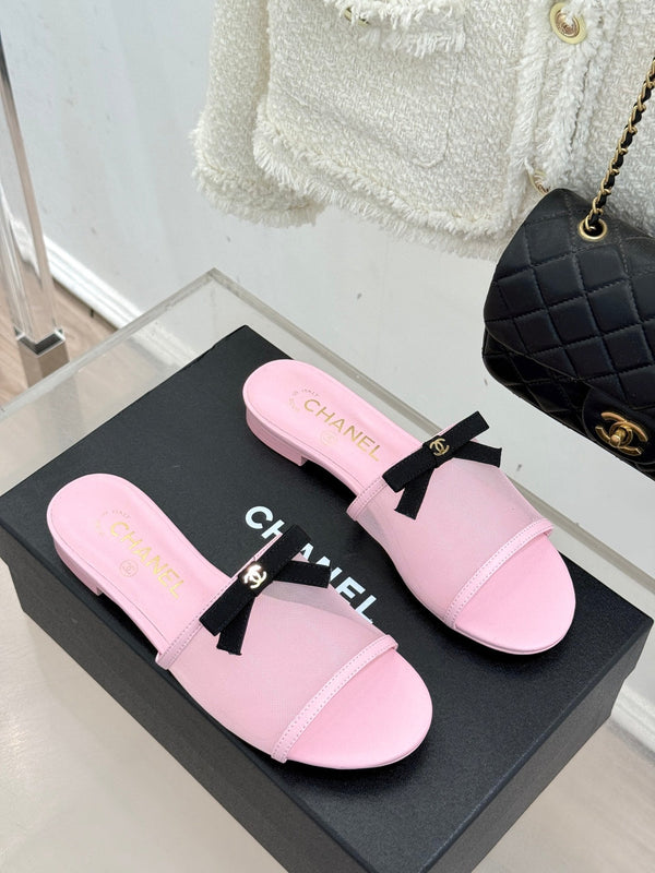 Chanel  26C Double C Bow Slippers Pink in Mesh 615710