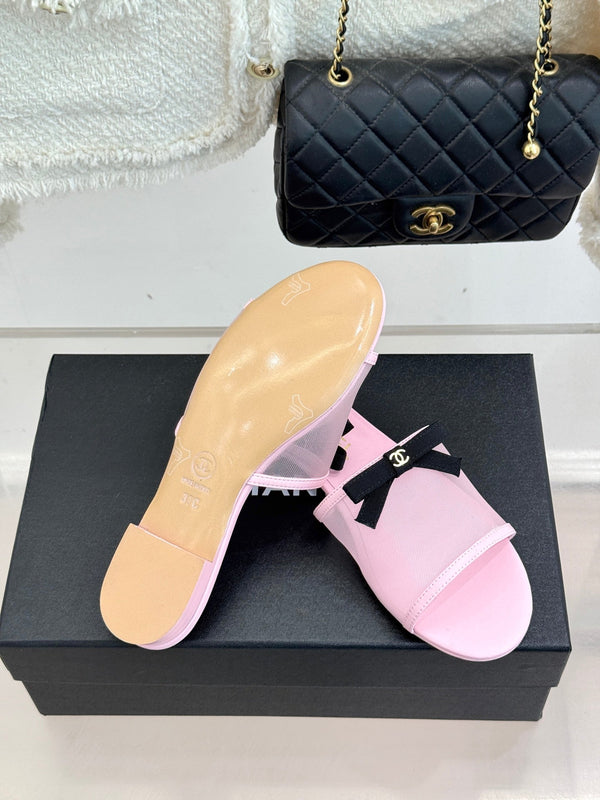 Chanel  26C Double C Bow Slippers Pink in Mesh 615710