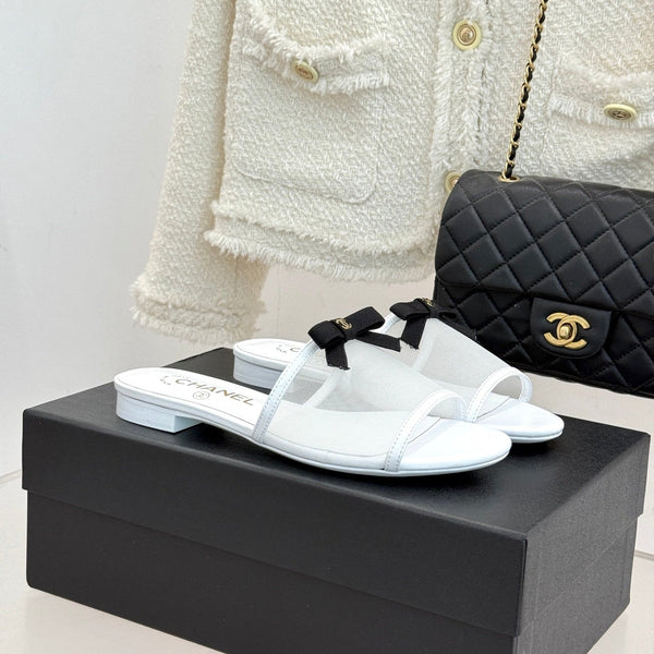 Chanel  26C Double C Bow Slippers White in Mesh 615709