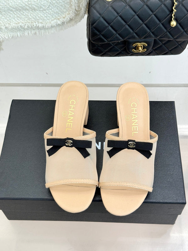 Chanel  26C Double C Bow Slippers High Heel Beige in Mesh 615705