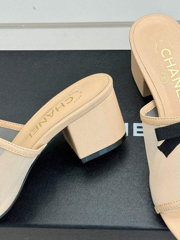 Chanel  26C Double C Bow Slippers High Heel Beige in Mesh 615705