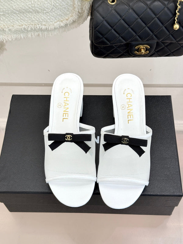 Chanel  26C Double C Bow Slippers High Heel White in Mesh 615704