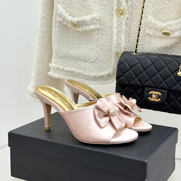 CC 26s Bow Slippers High Heel 75mm Pink Satin Sheepskin 615743