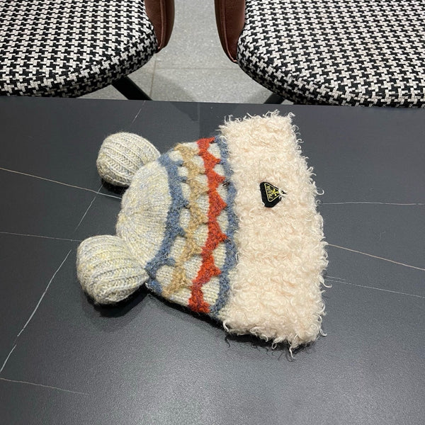 Prada 25 Cute Bear Ears Hat Cream Multicolor Knitted Woolen Fabric 125501