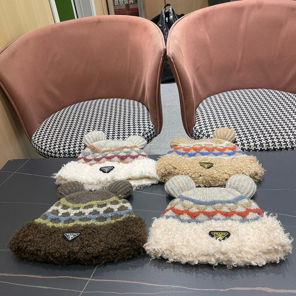 Prada 25 Cute Bear Ears Hat Cream Multicolor Knitted Woolen Fabric 125501