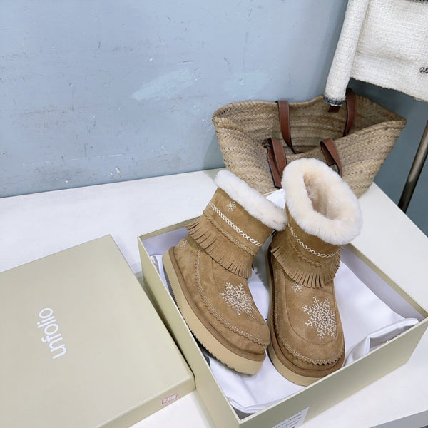 UNFOLIO 26SS Snow Ankel Boots Light Brown in Lambswool and Cow Suede 629523