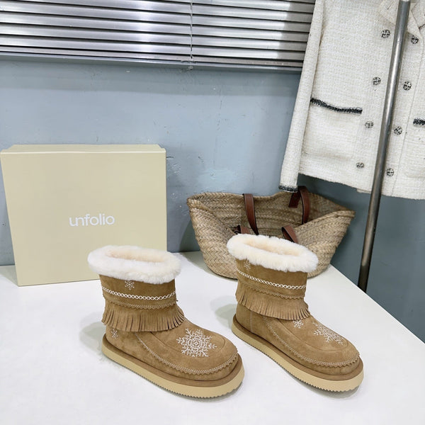 UNFOLIO 26SS Snow Ankel Boots Light Brown in Lambswool and Cow Suede 629523