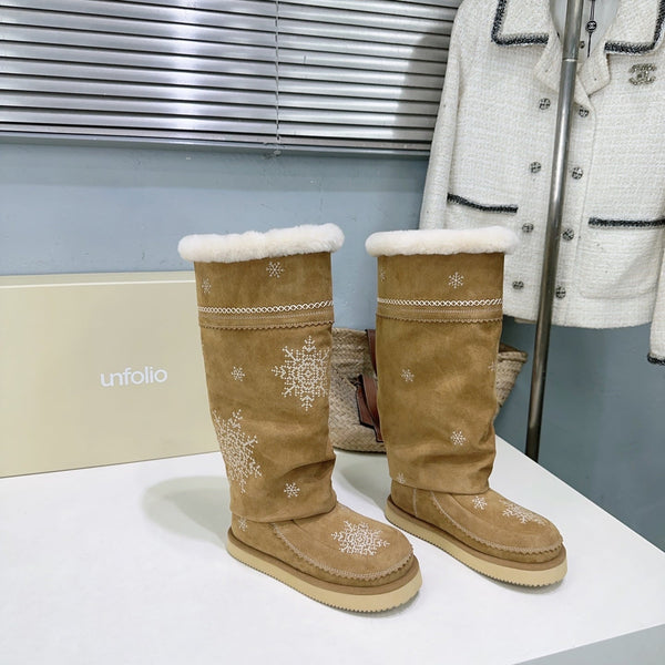 UNFOLIO 26SS Snow High Boots Light Brown in Lambswool and Cow Suede 629525