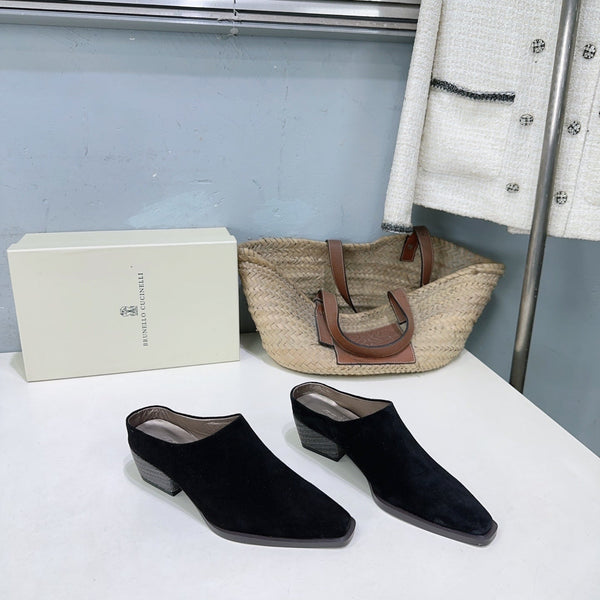 BRUNELLO CUCINELLI 26 Closed-Toe Chunky Heel Mules Black in Cow Suede 629527