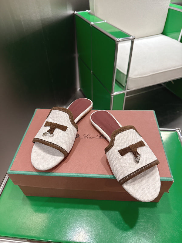 Loro Piana 26 Slippers Ivory Brown Wish Sheepskin Fabric 632134
