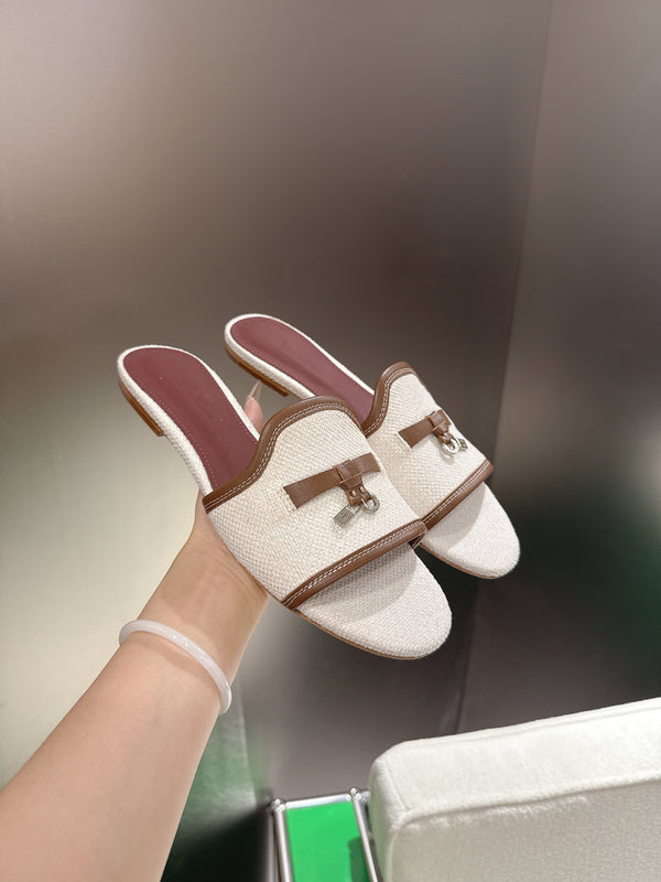 Loro Piana 26 Slippers Ivory Light Brown Wish Sheepskin Fabric 632136