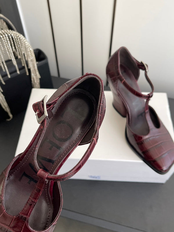 LOEWE 26SS Chunky Heel 50 Mary Jane Burgundy in Leather 631744