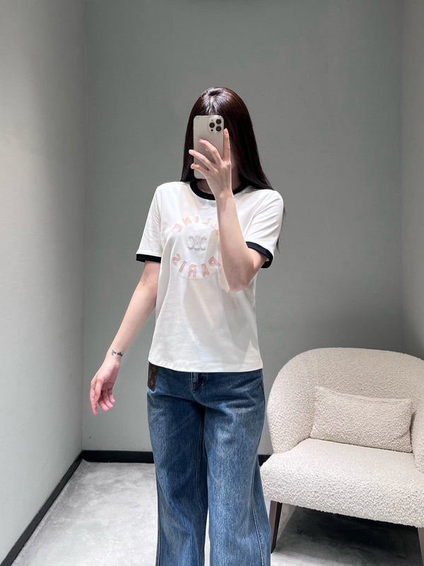 Celine 26SS Color-blocked Neck T-shirt White in Cotton 898941