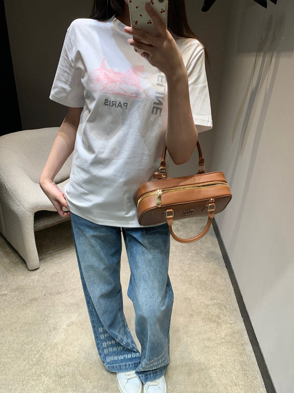 Celine 26SS Horse Carriage Print Crew Neck Short Sleeve T-Shirt White in Cotton 839795