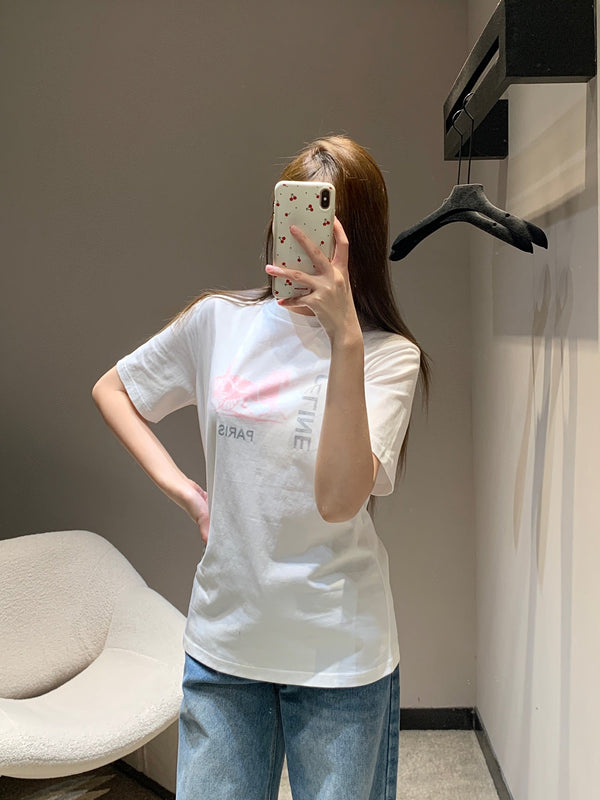 Celine 26SS Horse Carriage Print Crew Neck Short Sleeve T-Shirt White in Cotton 839795