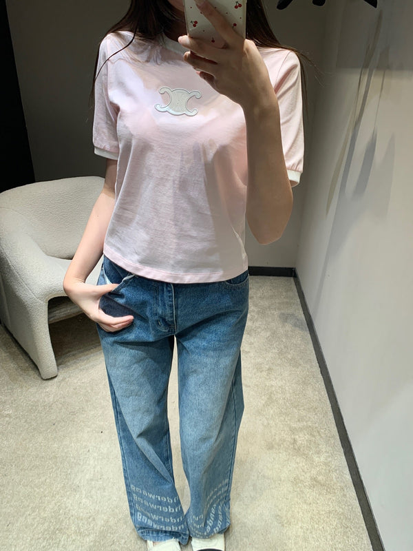 Celine 26SS Neck Short Sleeve T-Shirt Pink in Cotton 813204
