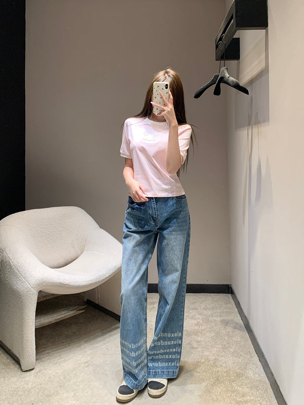 Celine 26SS Neck Short Sleeve T-Shirt Pink in Cotton 813204