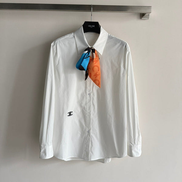 Celine 26SS Long-Sleeve Shirt with Embroidered Logo White in Cotton 943325