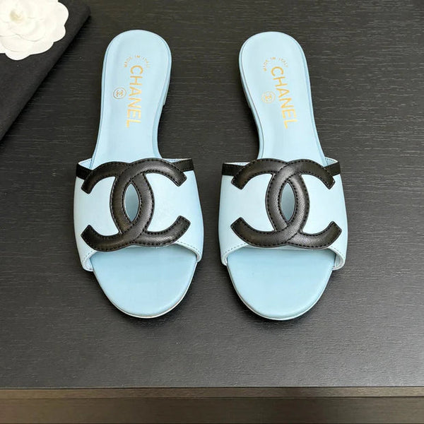 Chanel 2026 Flat Sandal Light Blue Black Cowhide