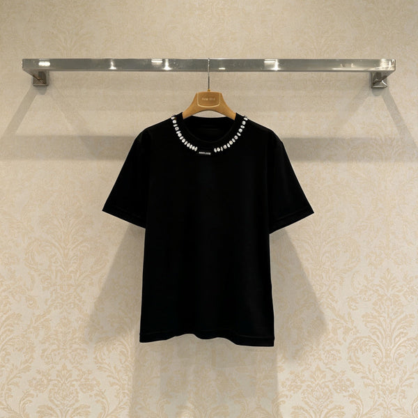 Chanel Black Beaded Crew Neck Short Sleeve T-Shirt in Cotton 133330