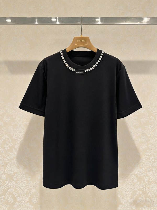 Chanel Black Beaded Crew Neck Short Sleeve T-Shirt in Cotton 133330