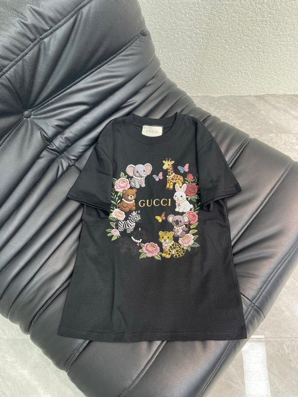 GG Duty Digital Print Animal Beaded Short-Sleeve T-Shirt in Cotton 154107