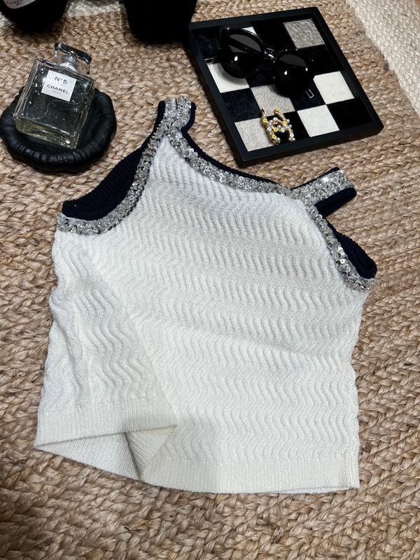 Chanel 26SS  Embellished Rhinestone Camisole White in Knit Texture 161793