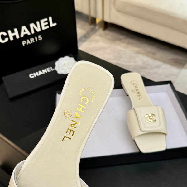 Chanel 26C Double C Buckle Square Toe Slippers Cream in Lambskin 673031