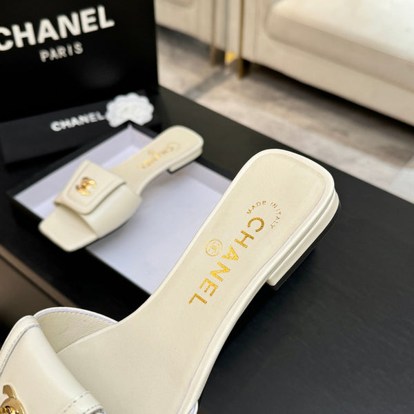 Chanel 26C Double C Buckle Square Toe Slippers Cream in Lambskin 673031