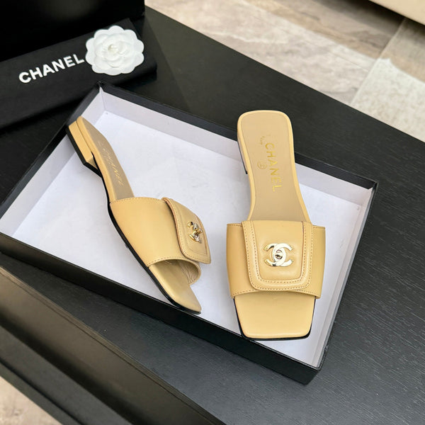 Chanel 26C Double C Buckle Square Toe Slippers Beige in Lambskin 673030