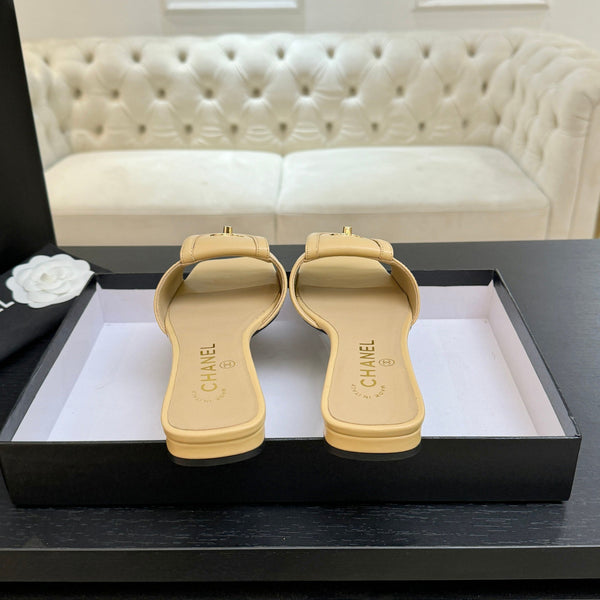 Chanel 26C Double C Buckle Square Toe Slippers Beige in Lambskin 673030