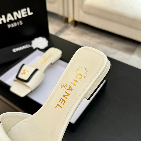 Chanel 26C Double C Buckle Square Toe Slippers Cream Black in Lambskin 673029