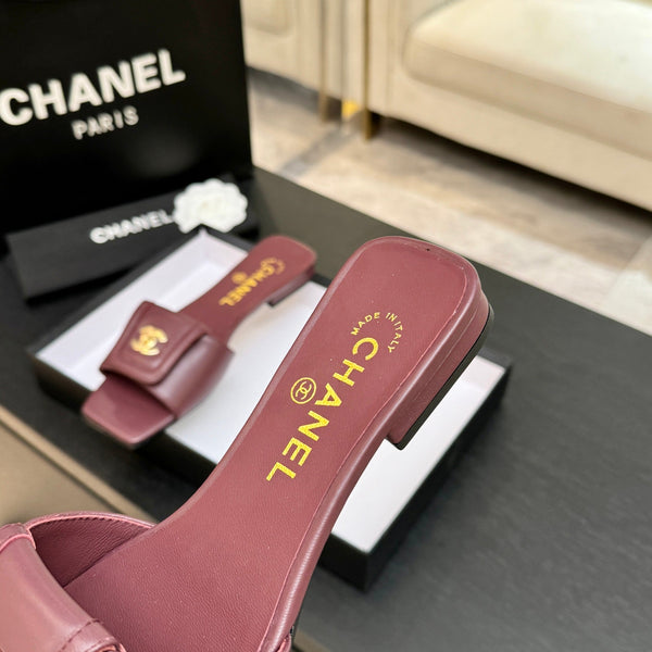 Chanel 26C Double C Buckle Square Toe Slippers Burgundy in Lambskin 673025