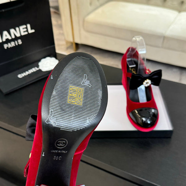 Chanel KJ26 Mary Janes Heel 2.5cm with Bow Red in Velvet 673011