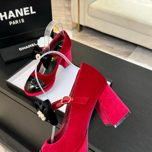 Chanel KJ26 Mary Janes Heel 2.5cm with Bow Red in Velvet 673011