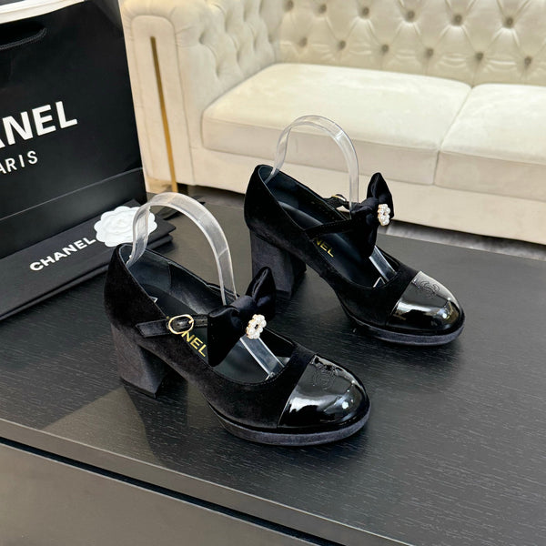 Chanel KJ26 Mary Janes Heel 2.5cm with Bow Black in Velvet 673010