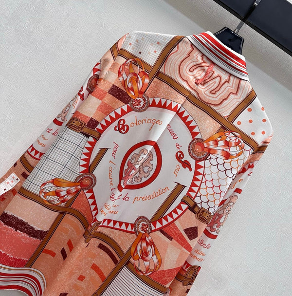 Hermes 26 Printed Long-Sleeve Shirt Orange in Mulberry Silk 137390